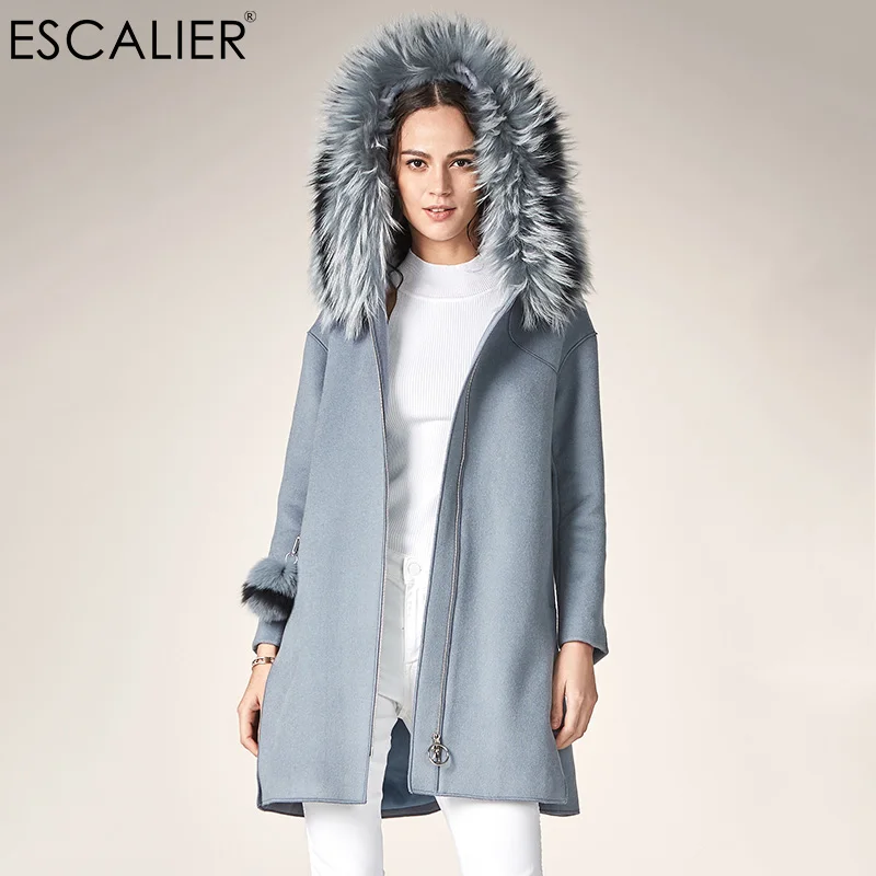 

ESCALIER Women's Casual 100%wool Woolen Coat Winter Fox fur collar Hooded Coat Long style Zipper Keep Warm Overcoat