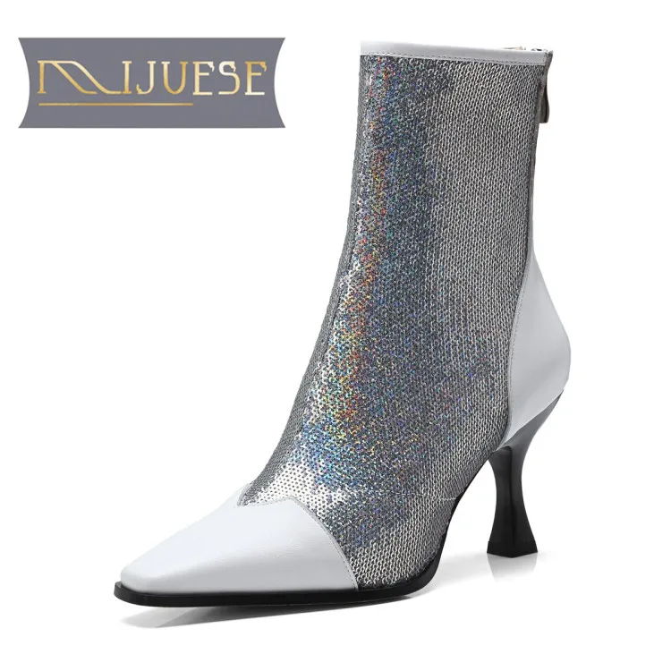 

MLJUESE 2019 women Mid calf boots cow leather sequined cloth pointed toe autumn women boots casual boots size 34-43