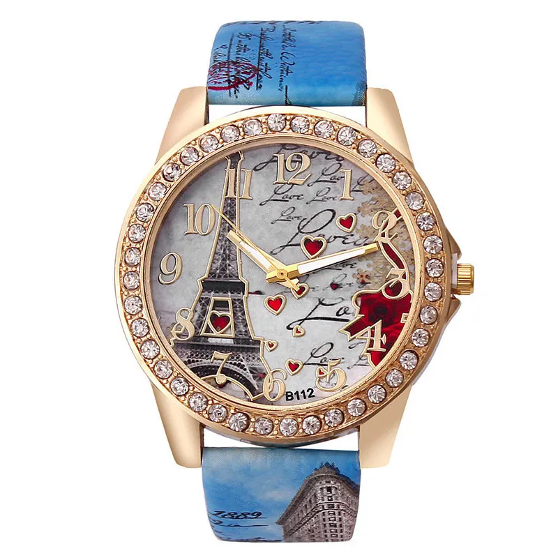 Креативное моделирование Парижская башня Роза для женщин часы Досуг Роскошные Алмаз кожаный ремешок кварцевые наручные часы Relogio Feminino часы - Цвет: Blue
