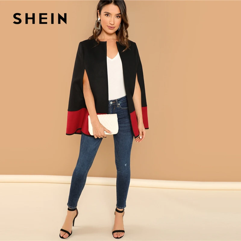 SHEIN نهاية الأسبوع عارضة الأسود جولة الرقبة اثنين من لهجة فتح الجبهة عباءة كم معطف الرأس 2018 الشارع الشهير الحديثة سيدة قميص معطف جديد