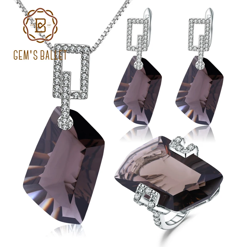

GEM'S BALLET 925 Sterling Silver Necklace Earrings Ring Set Natural Smoky Quartz Jewelry Set For Women Wedding Fine Jewelry