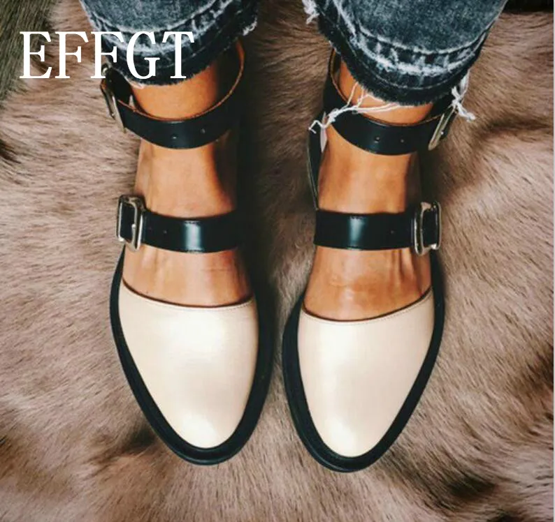 

EFFGT Leather lady flats Sandals shoes vintage handmade oxford shoes for women 2019 spring Casual Shoes C664