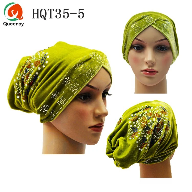 HQT35 нигерийский головной убор с камнями Mutil-color Velvet Tuban cap Головной убор готовая шапка - Цвет: lemon