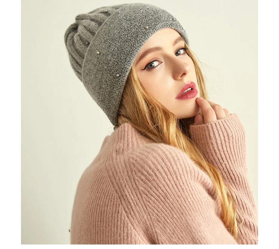 VIANOSI New Fashion Wool Winter Hats for Women Beanies with Pearl Fashion Warm Cap Brand Bonnet