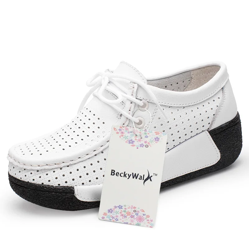 BeckyWalk 2019 الربيع النساء حقيقية أحذية من الجلد المرأة منصة أحذية رياضية القواطع الصيف الدانتيل يصل الأخفاف أحذية امرأة WSH2732