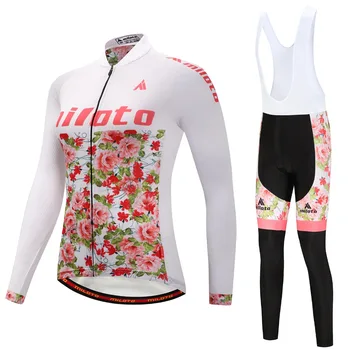 

Women Cycling Jersey Set 2017 Long Sleeve Bike Shirt Cycling Bib Pants Mtb Cycling Clothing White Flowers S-4XL