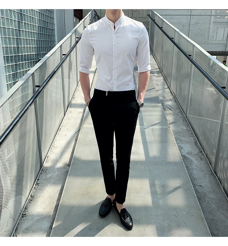 Короткий рукав корейский стиль мужчины Slim Fit платье рубашка белый черный синий ремешок Воротник