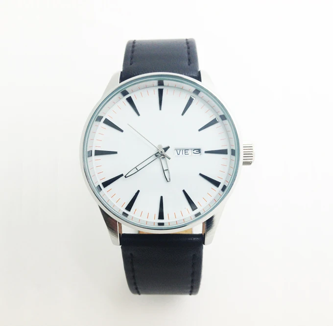 Men Clock Black Leather Watch White Face Auto Date Day Dial Facein