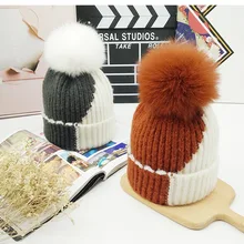 PUNS002 Новые лоскутные женские зимние съемные шапки из лисьего меха с помпонами, вязаные шапки Skullies Beanies, пушистые меховые шапки