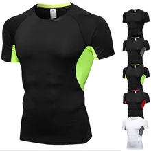 Мужская спортивная облегающая футболка для бега, дышащая футболка с коротким рукавом, Мужская быстросохнущая Спортивная одежда для фитнеса, Лоскутная сетчатая одежда