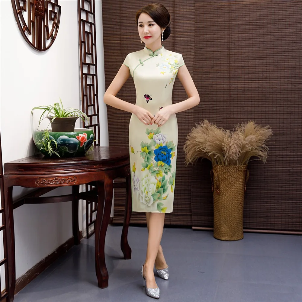Шанхай история из искусственного шелка короткий рукав цветочный Qipao с подкладкой платье Чонсам китайское традиционное для женщин