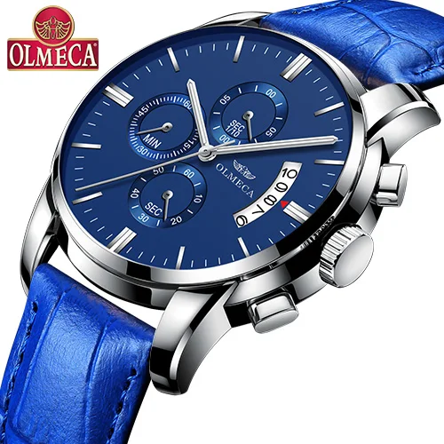 OLMECA часы для мужчин модные повседневные спортивные часы Relogio Masculino хронограф светящийся Водонепроницаемый Бизнес relojes кварцевые часы - Цвет: Leather Blue Silver