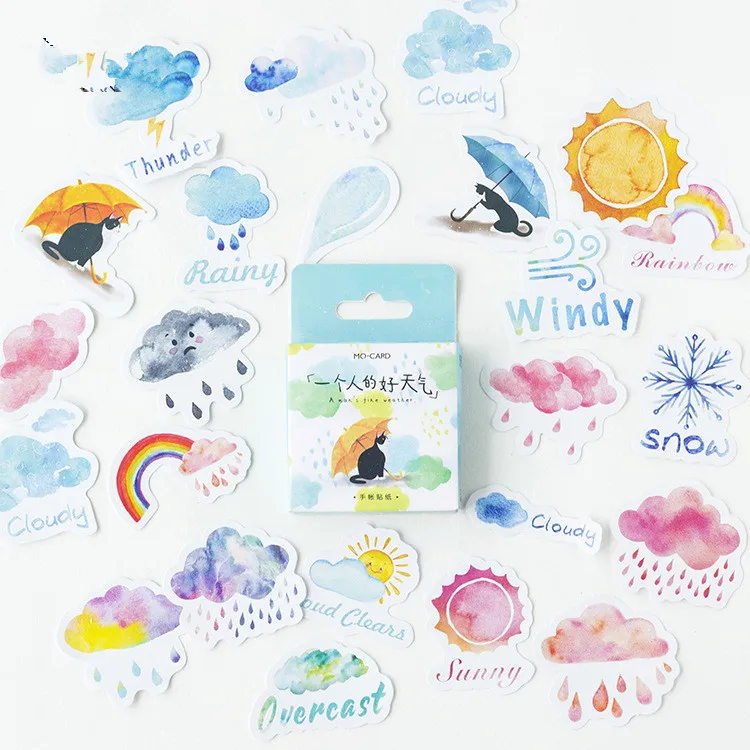 46Pcs Box Cute Sunny Rainy Day Stationery Sticker Photo Diary Scrapbooking Paper Decoration Diy Seal Label Kids Gift huismerk kopen in de aanbieding 46Pcs Box Cute Sunny Rainy Day Stationery Sticker Photo Diary Scrapbooking Paper Decoration Diy Seal Label Kids Gift huismerk kopen in de aanbieding