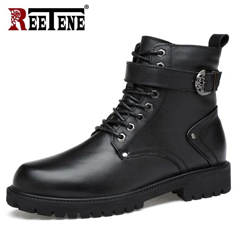

REETENE Genuine Natural Leather Men'S Boots Top Quality Cow Motorcycle Leather Boots Men Fashion Warm Zipper Men Boots 38-48
