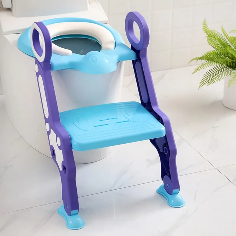 Asiento de inodoro ajustable para niños con altura ajustable para bebés silla de baño para niños con taburete de escalera azul 