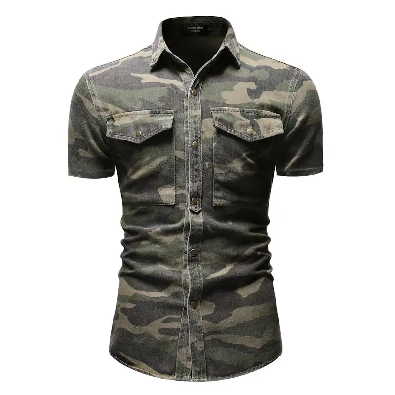 

Camouflage Denim Shirt for Men Short sleeve Casual Social Dress Jeans Shirt Male Summer Blouse Men