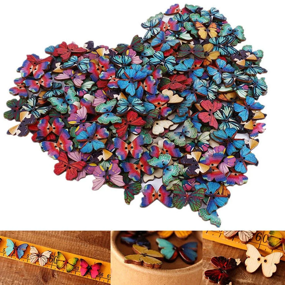 

Decoration Cartoon Butterfly Scrapbooking Phantom DIY Wooden Colored Drawing Sewing Buttons 50PCS