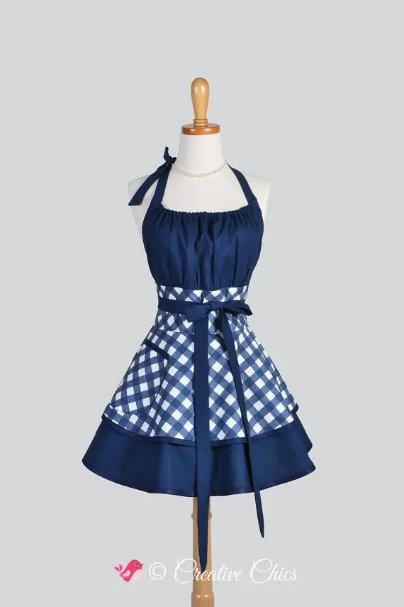 

Blue Black Gingham Retro Kitchen Apron Woman Cotton Cooking Salon Avental de Cozinha Divertido Pinafore Apron Dress Vintage