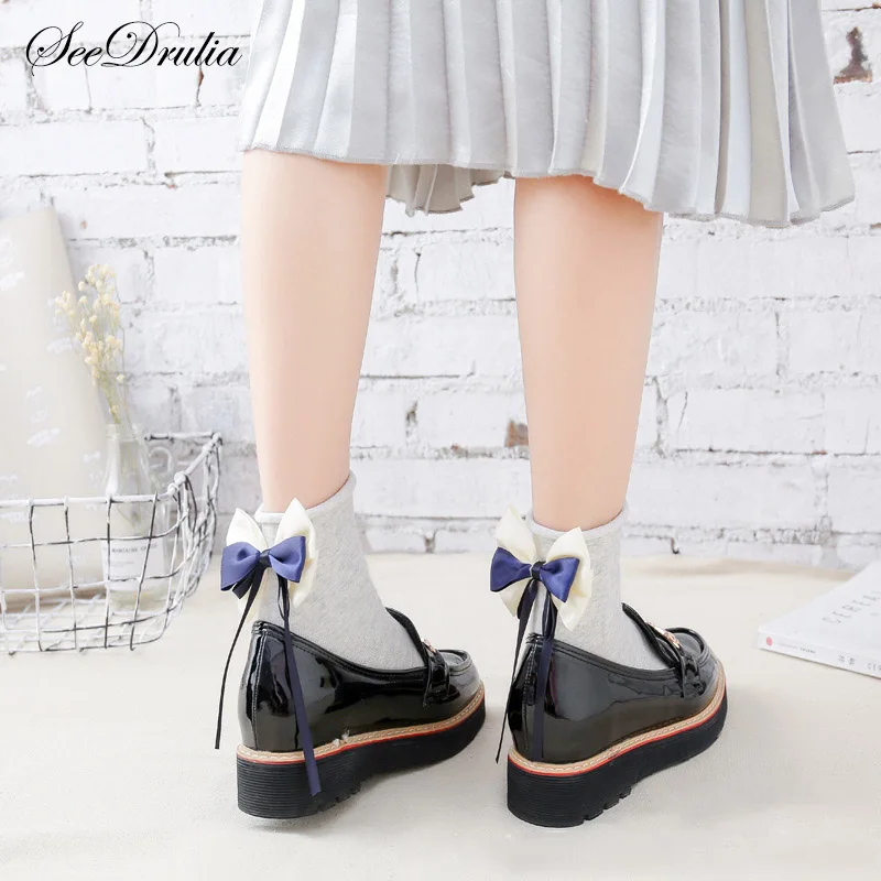 

SEEDRULIA 2018 Spring Sweet 100% Cotton After The Heel Ribbon Big Bow Short Socks Soft Socks Female Herring Ankle Socks