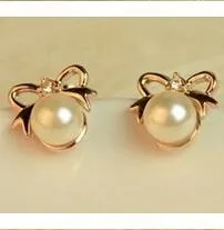 

2015 New Arrivals fashion jewelry earrings imitation pearl bow rhinestone stud earring for women Free Shipping