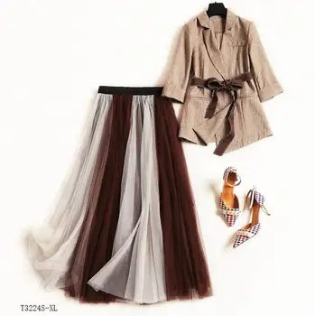 

European style 2019 New arrivals summer Spring fashion women clothes solid color blouse + mesh skirt casual suit T3224