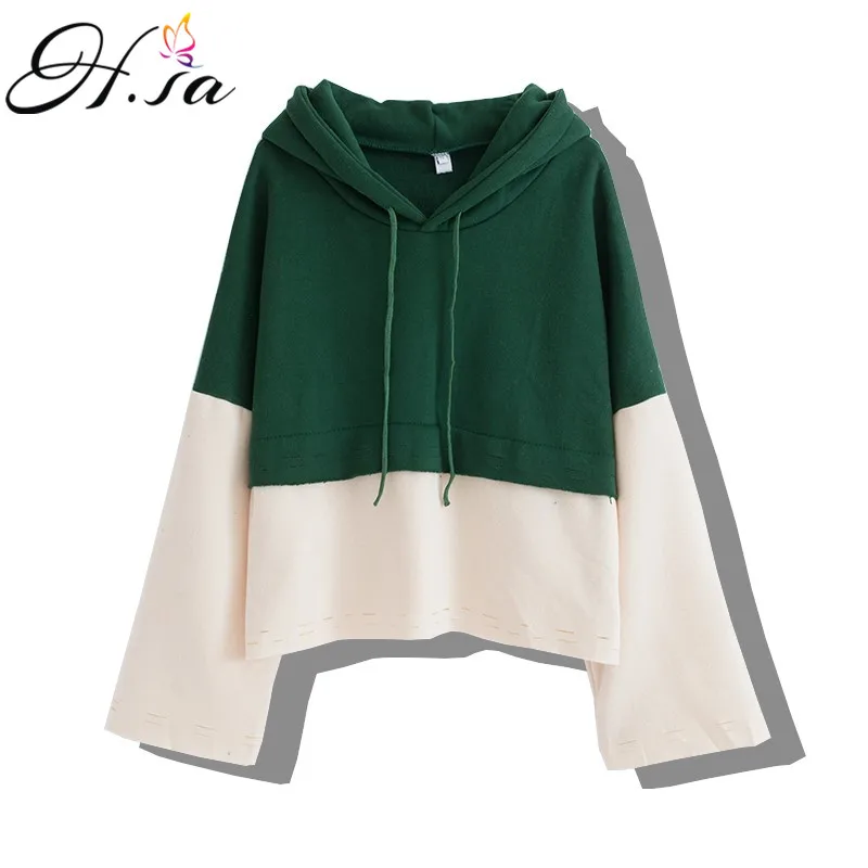 

H.SA Women Harajuku Chic Sweater and Pullovers Hooded Jumpers Flare Sleeve Patchwork Army Green Sweater Women Korean Pull Femme