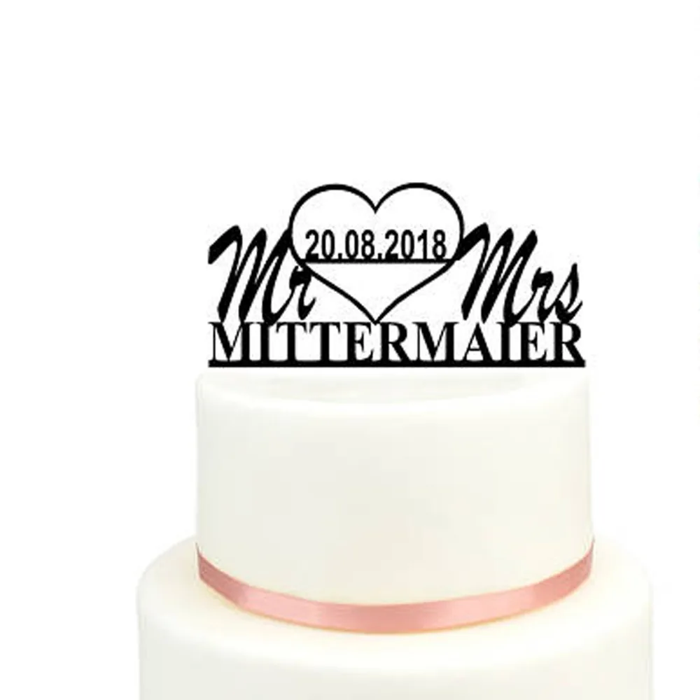 Love heart wedding cake topper with Mr & Mrs Personalized wood cake topper with Bride & Groom Custom Acrylic silver cake topper