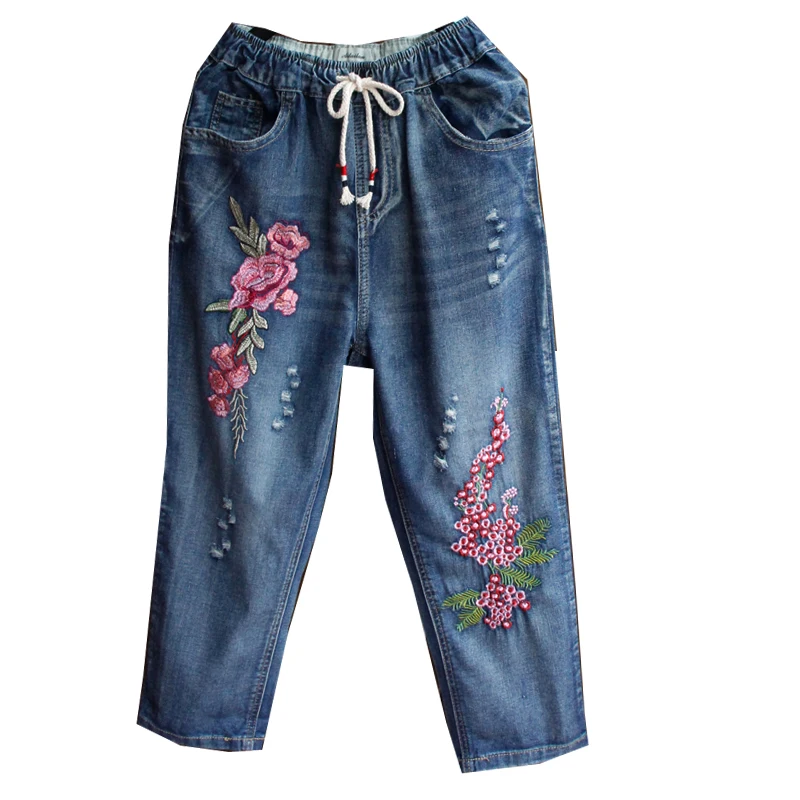 Женские джинсы с дырками Sen свободные брюки цветочной вышивкой 2019|jeans trousers women|jeans