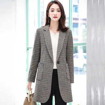 

Casual Woolen Jacket women 2019 Spring autumn Plaid woolen coat Plus size Slim female fashion Houndstooth Long Jackets tops N330