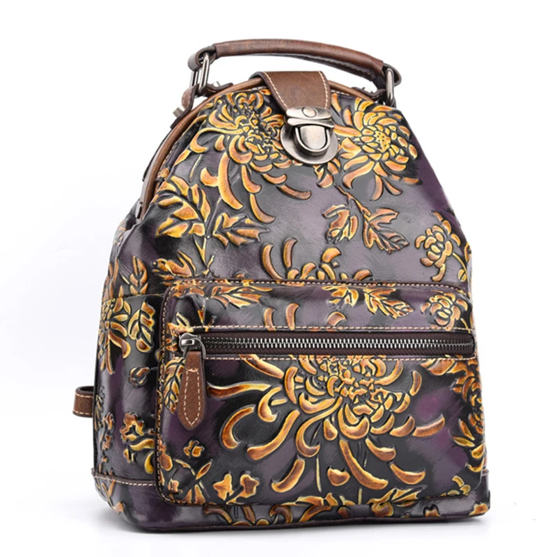 Женский рюкзак из натуральной кожи, рюкзак с тиснением, цветной цветочный узор, дорожная сумка, ретро рюкзак из натуральной кожи, рюкзак - Цвет: Purple Coffee