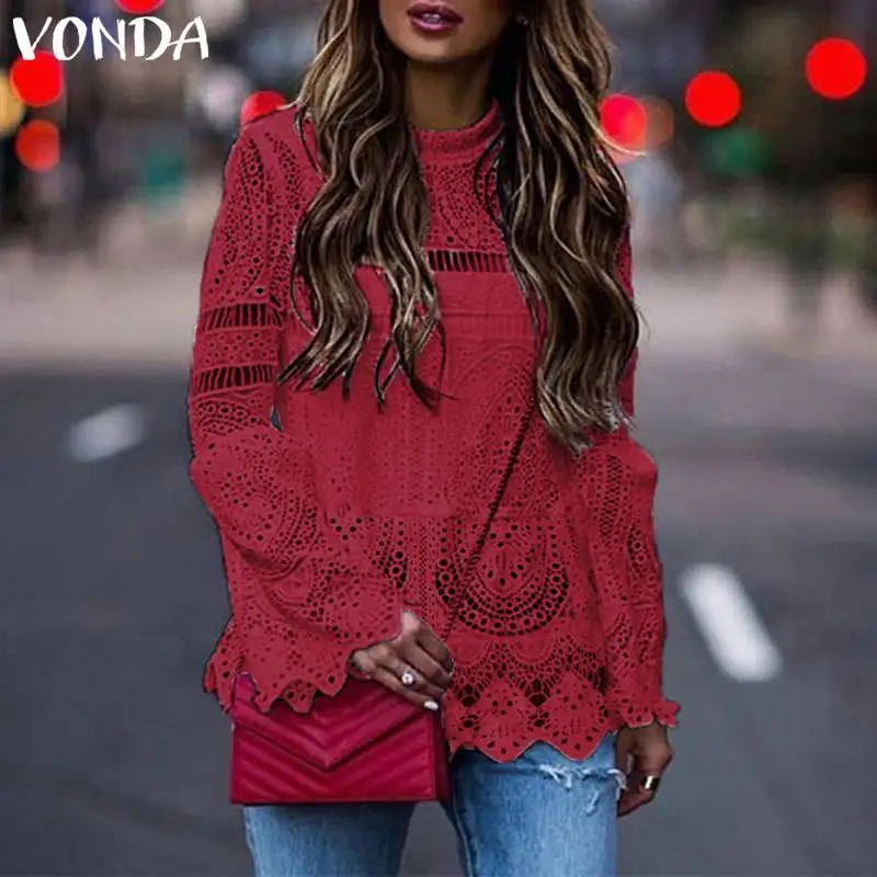 VONDA Women Sexy Hollow Top Blouse 2019 Casual Long Sleeve Irregular Hem Patry Blusas Beach Tops Ladies Shirt Plus Size Clothes