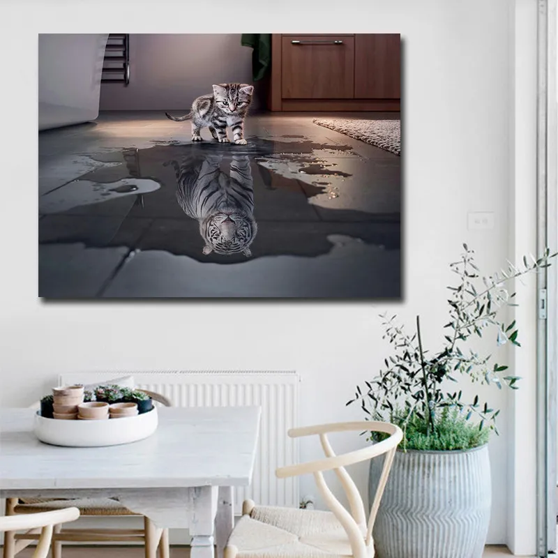 Newest Panel Decorations Modern Canvas Prints Artwork Cat and Tiger Pictures Paintings Canvas Wall Art Painting Decor 60x80cm No Frame 