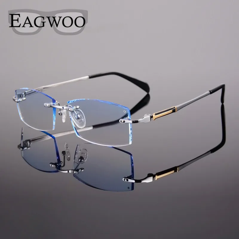 

Titanium Eyeglasses Men Rimless Prescription Reading Myopia Photochromic Progressive Glasses Big Wide Spectacle with Color lens