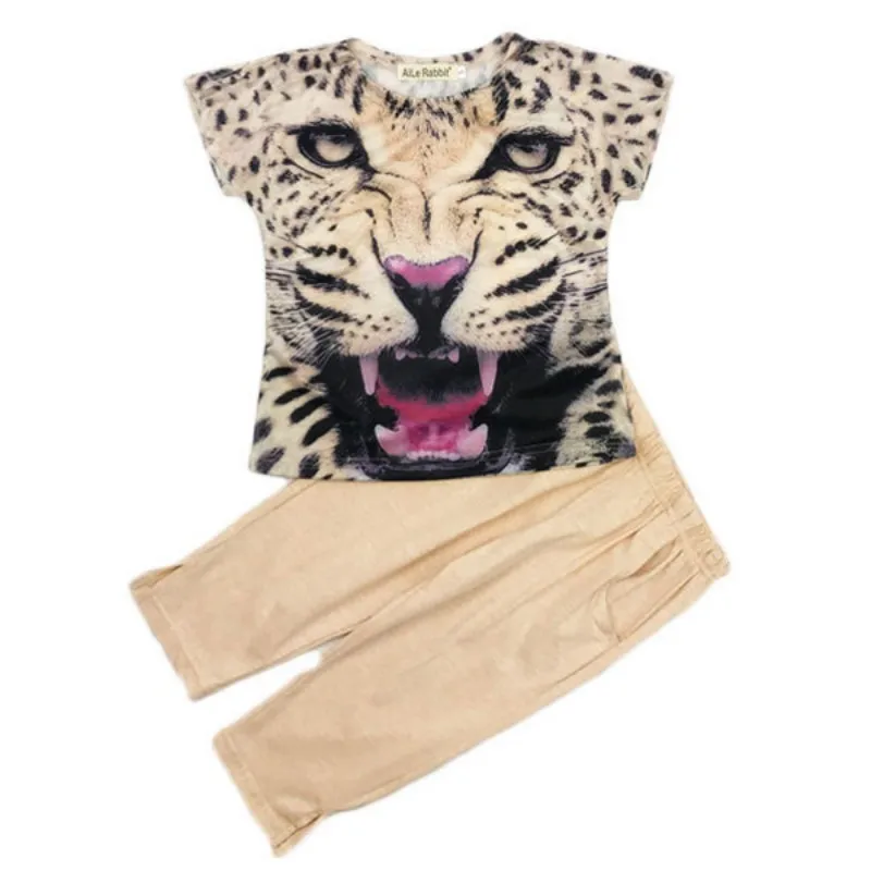 Летние девушки леопарда с короткими рукавами футболка + шорты брюки 2 шт. Для детей одежда с принтами устанавливает новый