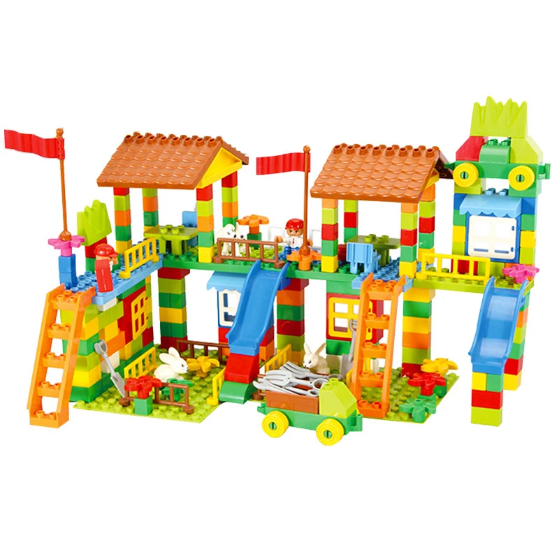 

Big Size Diy Building Blocks Happy Town House City Farm Castle Compatible with Legoingly Duplo Slide Toys for Children Baby Gift