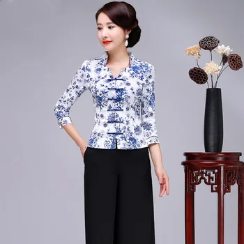 

Printed Flower Tops Chinese Vintage Lady Shirt Ethnic Handmade Button Blouse Slim Cotton Women Tang Clothing Oversize S-4XL