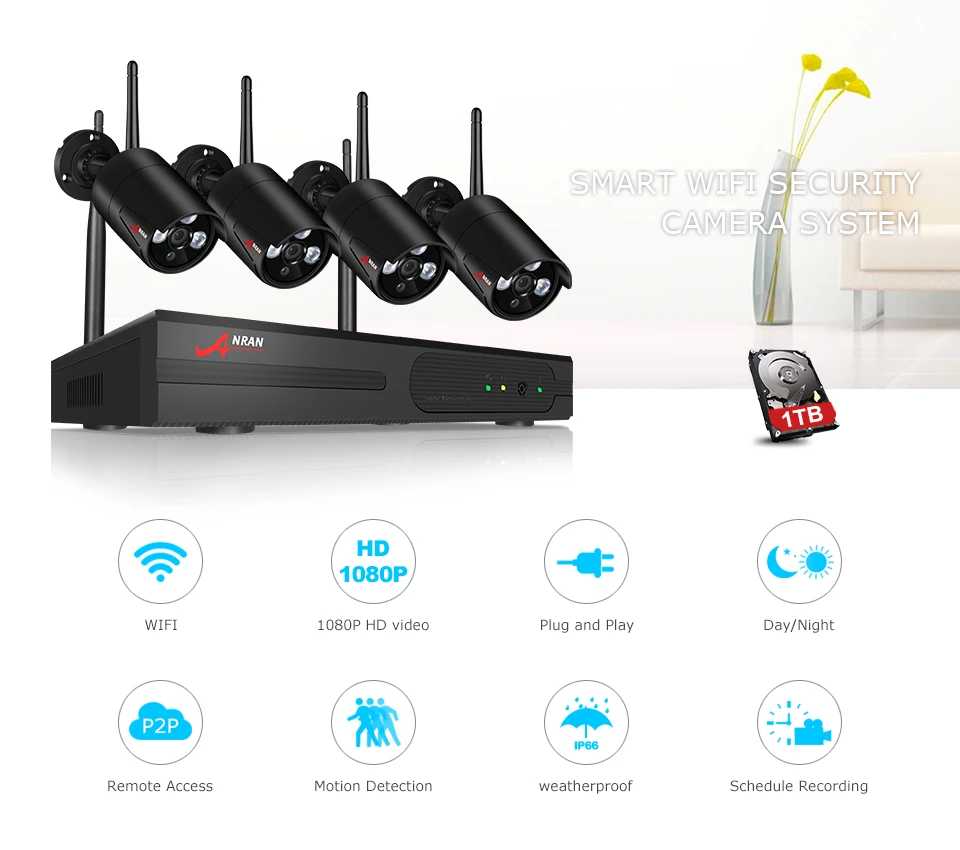 ANRAN P2P 2MP 4CH wifi NVR 1080P HD сетевой Массив ИК водонепроницаемый открытый IP Беспроводная камера система видеонаблюдения CCTV комплект безопасности