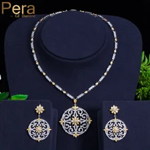 Pera Newest Big Vintage Hollow Out Design Yellow Cubic Zircon Round Drop Pendant Necklace And Earrings Set For Luxury Women J199 stylish golden round frame and hollow out design sunglasses for women
