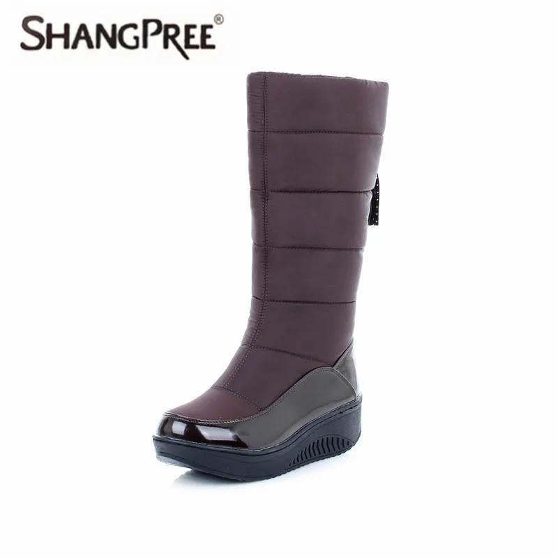2018 New Women Mid Calf Plush Boots Wedge Med Heel Round Toe Winter Shoes Women band Ladies Snow Boots Winter Warm Shoes lukuco pure color women mid calf snow boots with faux fur design high quality pu made med wedges heel shoes