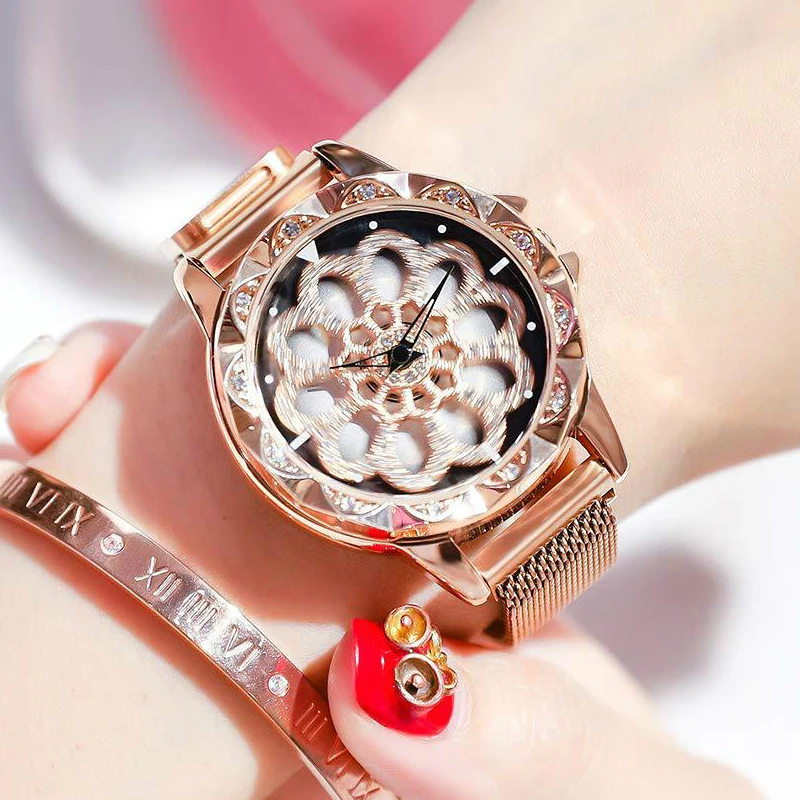 

Lucky Women's Watches Luxury Rose Gold Rotating Dial Quartz Clock New Fashion Lazy Magnetic Mesh Band Wrist Watches Dropshipping