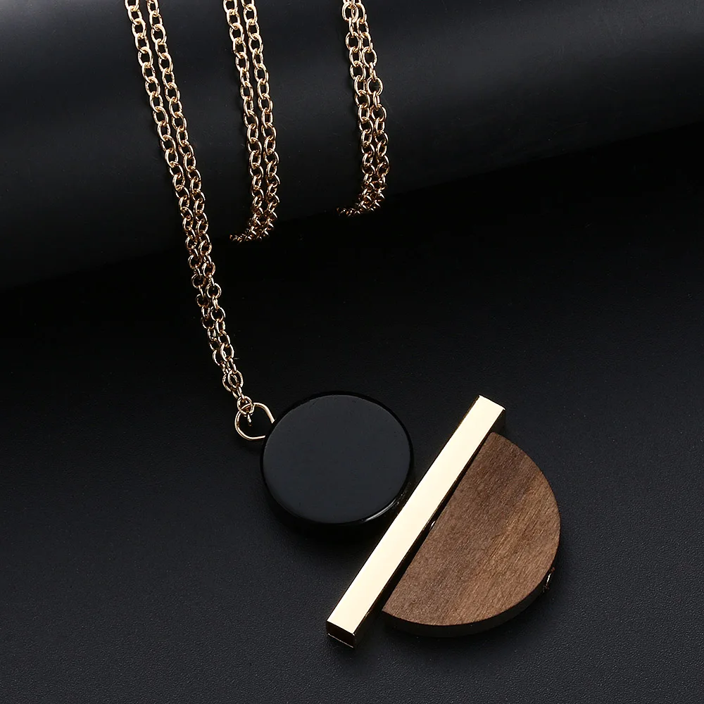 Geometric Circular Resin Wood Vintage Pendant Gold Alloy Chain Long Necklace Unisex Fashion Jewelry Pendant Necklace Free Ship - Image 4