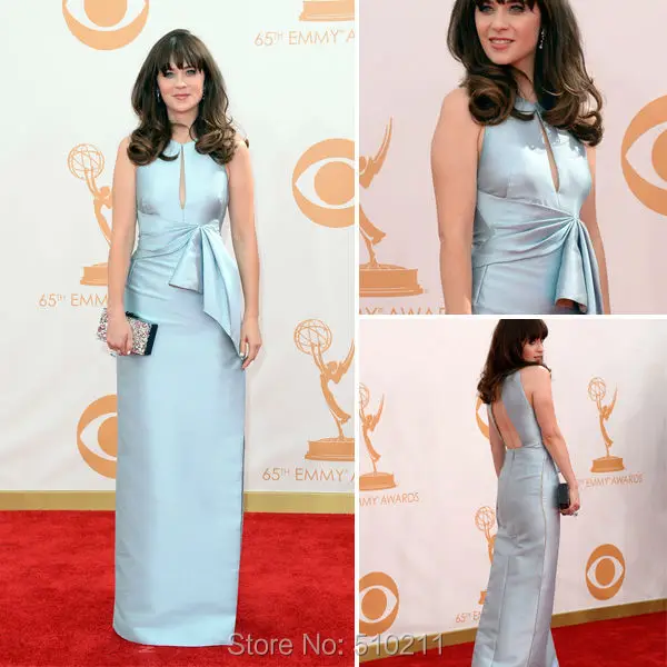 Sexy Zooey Deschanel O Neck A Line Open Back Floor Length Satin