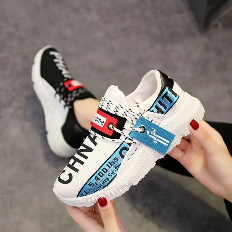 

Printing Letter Black White Stretch Fabric Women Sneakers Breathable Trainers Shoes Round Toe Lace Up Brand Flat Shoes Woman