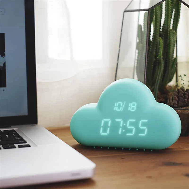 Cute Cyan Cloud Shape LED Alarm Clock Sound Control Digital Clock With