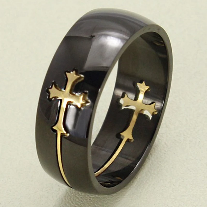 Размер 7-13, 8 мм, черное, золотое, серебряное кольцо из нержавеющей стали с боковым крестом, кольцо, молитвенный Бог, Иисус, христианские церковные украшения