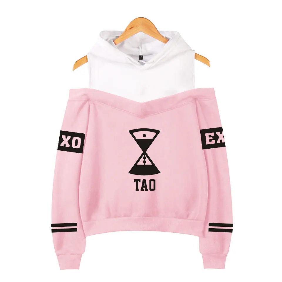 Толстовки EXO с открытыми плечами популярная женская одежда принтом Harajuku свитшоты