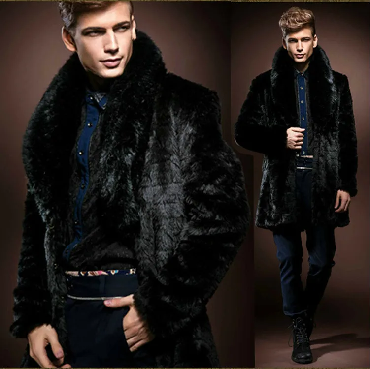 2015 Winter Black Men Faux Fur Coat Luxury Long High