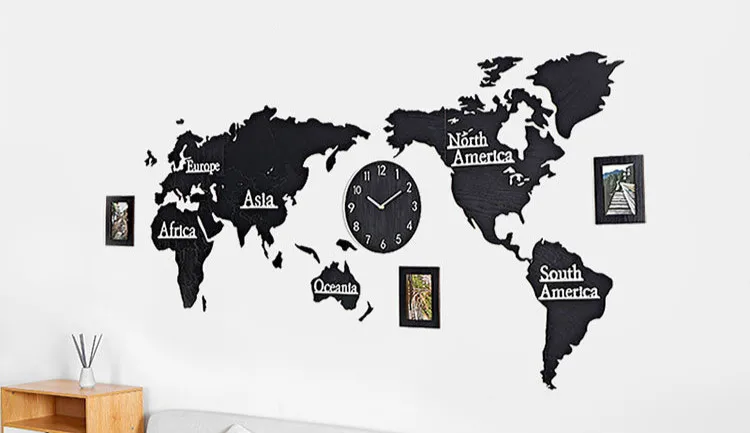 Новые деревянные цифровые настенные часы DIY 3D Карта мира с 3 шт. фоторамкой для гостиной декоративные большие размеры настенные часы 130 см* 60 см