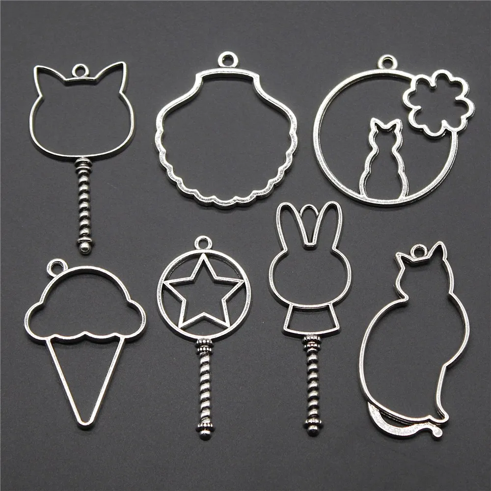 

5pcs Charm Epoxy Metal Photo Frame Antique Silver Color Ice Cream Cat Shell Rabbit Epoxy Metal Photo Frame Pendants