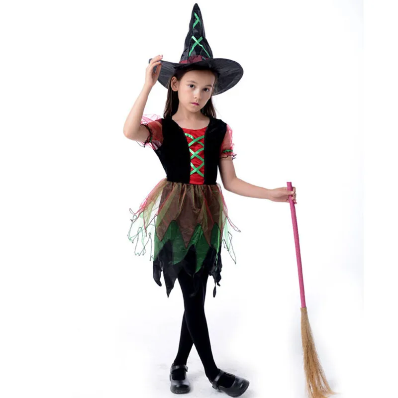

Witch Costume Fancy Witch Costume Girls Cosplay For Purim Christmas Halloween Carnival Party Dresses+hat